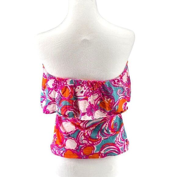 Lilly Pulitzer Strapless Ruffle Top XS Multi-Color EUC Bright Pink Orange Blue P - Picture 3 of 9